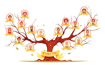 Family tree with pictures of relatives in round frames on bare branches horizontal cartoon vector illustrationのイラスト素材