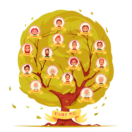 Genealogical tree set of family members from elderly persons to young generation on leafage background vector illustrationのイラスト素材