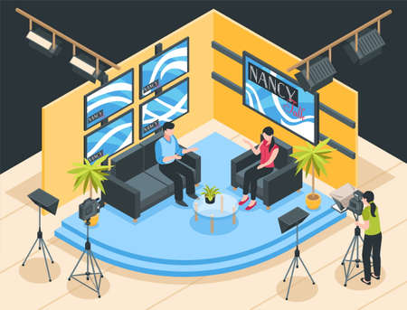 Talk show shooting in tv studio 3d isometric vector illustrationのイラスト素材