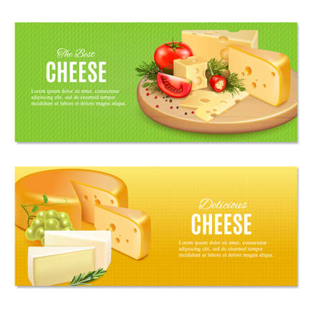 Realistic cheeses with spices and vegetables on green and yellow textured background horizontal banners isolated vector illustrationのイラスト素材