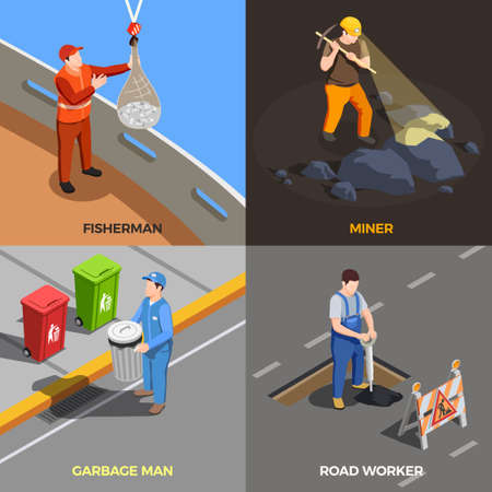 Worker professions isometric 2x2 design concept with modern urban job compositions with human characters and text vector illustrationのイラスト素材
