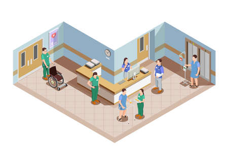 Medical equipment isometric composition with hospital lobby interior and health care workers in uniform with patients vector illustrationのイラスト素材