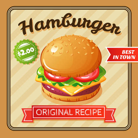 Flat design poster with delicious hamburger with cheese and vegetables vector illustrationのイラスト素材
