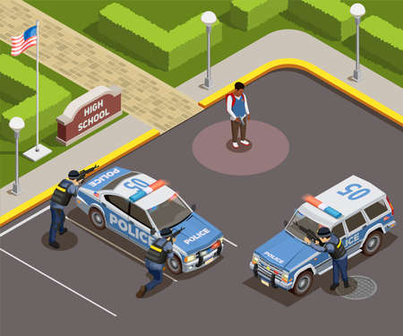 High school isometric people composition of outdoor police cordon with cars armed policemen and killer schoolboy vector illustrationのイラスト素材