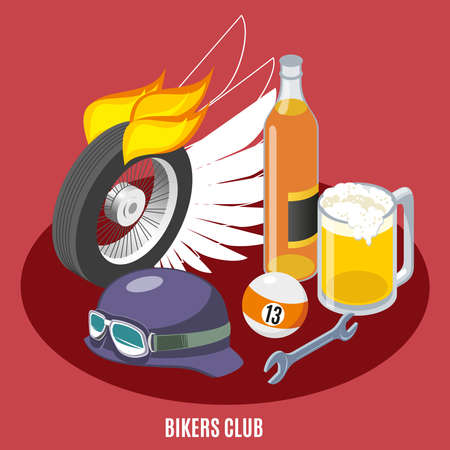 Attributes of bikers isometric composition with wheel, helmet, wrench, drink, billiard ball on red background vector illustrationのイラスト素材