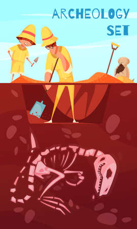 Archeology excavation background scientists with work tools during digs of dinosaur skeleton cartoon vector illustrationのイラスト素材