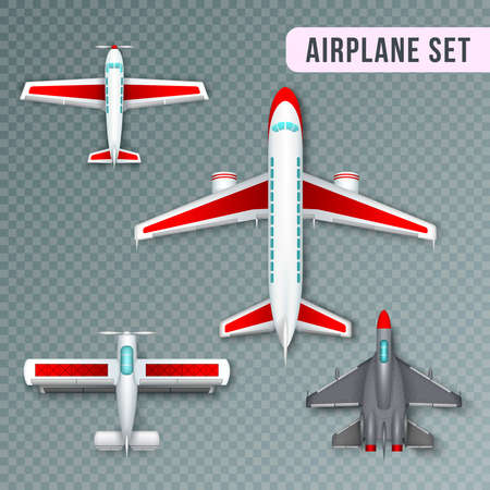 Airplane passenger propeller and jet planes and military aircraft realistic top view images collection transparent vector illustrationのイラスト素材