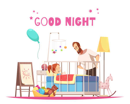 Children room composition with father wishing daughter good night before sleep time cartoon vector illustrationのイラスト素材