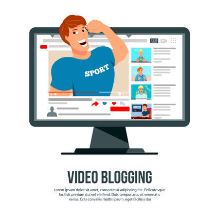 Video blogging popular sport author character popping out of computer screen flat advertisement website header vector illustrationのイラスト素材