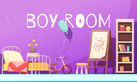 Boy room in violet color with bed, shelves with books, bike, board with drawing cartoon vector illustrationのイラスト素材