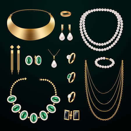 Jewelry accessories realistic set with rings and earrings on black background isolated vector illustrationのイラスト素材