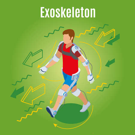 Medicine of the future exoskeleton isometric background with male human character in wearable external skeleton suit vector illustrationのイラスト素材