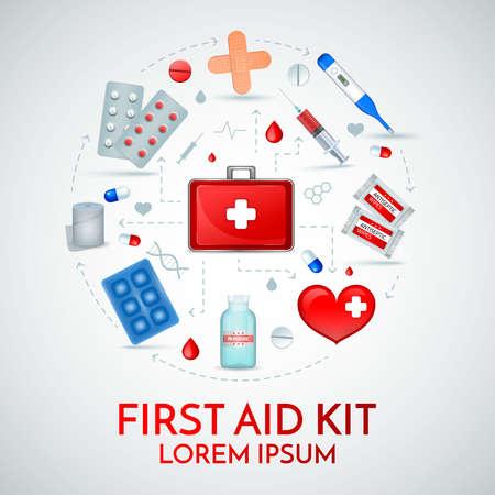 First aid kit realistic circular composition of medical emergency treatment supplies with antiseptic bandage pills vector illustrationのイラスト素材