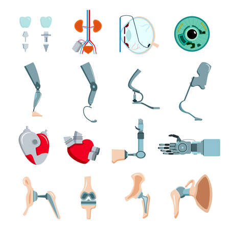 Orthopedic prothesis medical implants artificial body parts flat icons collection with mechanical heart valve isolated vector illustrationのイラスト素材