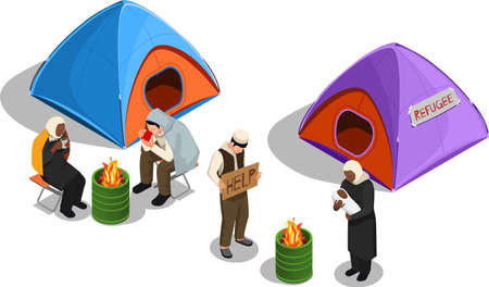 Stateless refugees asylum icons isometric composition with images of tents and group of displaced person characters vector illustrationのイラスト素材