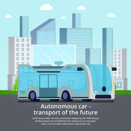 Autonomous driverless transportation vehicles of future flat advertising poster with unmanned bus on city street vector illustrationのイラスト素材