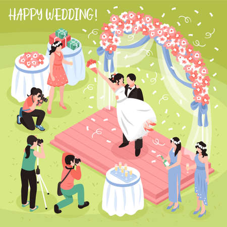 Beautiful wedding photo shoot and three professional photographers 3d isometric vector illustrationのイラスト素材