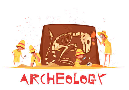 Group of explorers with work tools during archaeological digs of dinosaur skeleton cartoon vector illustrationのイラスト素材