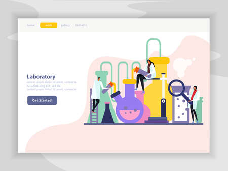 Science lab flat landing page of site with menu, image of chemical experiment, light background vector illustrationのイラスト素材