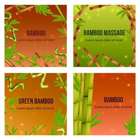 Green bamboo realistic natural background 4 icons square with decorative elements and massage tools isolated vector illustrationのイラスト素材