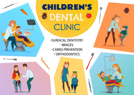 Colored pediatric dentistry poster children s dental clinic orthodontics braces surgical dentistry caries prevention descriptions vector illustrationのイラスト素材