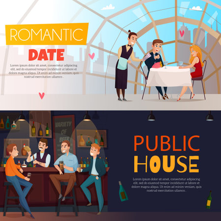 Two horizontal restaurant pub visitors horizontal banner set with romantic date and public house headlines vector illustrationのイラスト素材