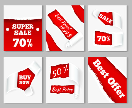 Torn paper curls revealing super sales discount prices on red background realistic cards set isolated vector illustrationのイラスト素材