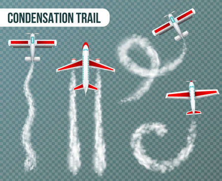Airplanes with various shapes condensation trail elements realistic set top view against transparent background isolated vector illustrationのイラスト素材