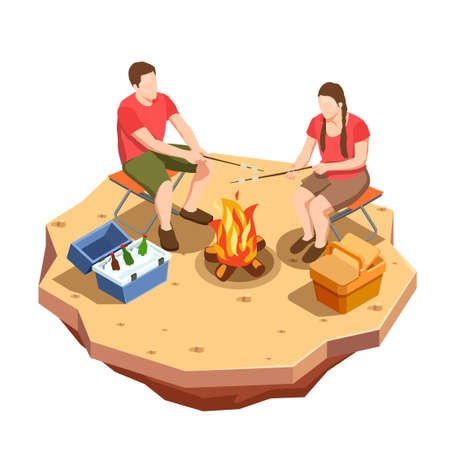 Camping hiking isometric icons composition with view of outdoor picnic date with campfire and a couple vector illustrationのイラスト素材