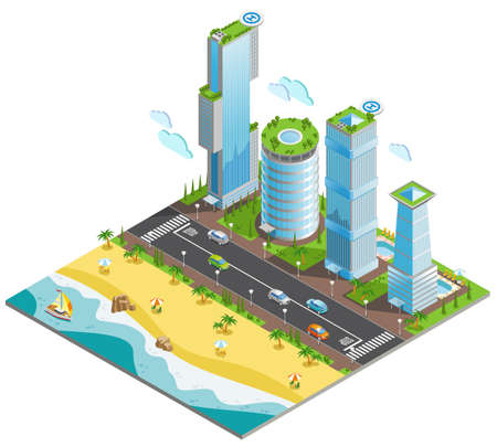 Isometric colored futuristic skyscrapers composition with piece of ocean and sandy beach vector illustrationのイラスト素材