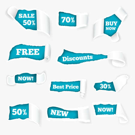 Creative torn paper curls sales advertisement exposing discount prices in holes realistic images set isolated vector illustrationのイラスト素材