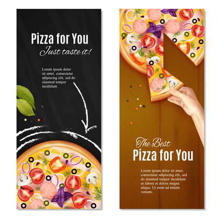 Realistic pizza with sausage and vegetables on chalk board and wooden background vertical banners isolated vector illustrationのイラスト素材