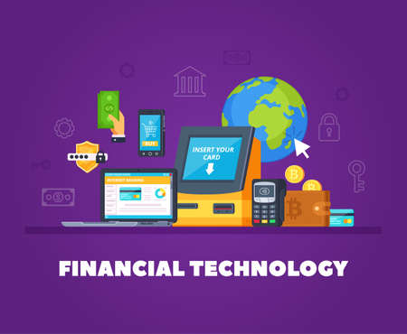 Financial technologies flat orthogonal composition with automatic banking machine transactions online smartphone shopping safety symbols vector illustrationのイラスト素材