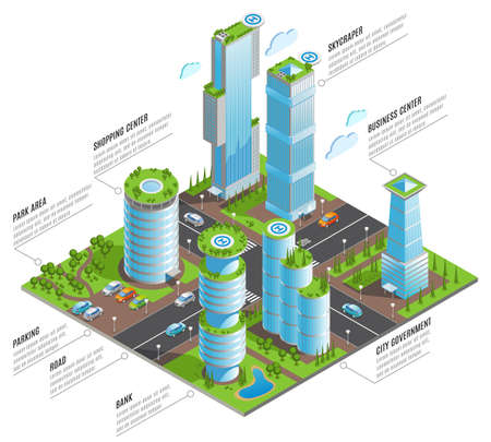 Isometric futuristic skyscrapers infographics with shopping business centers skyscraper and other elements of city vector illustrationのイラスト素材