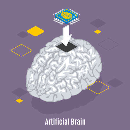 Backup personality isometric background with text and conceptual image of human brain microchip sensor implantation procedure vector illustrationのイラスト素材