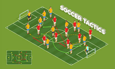 Football soccer isometric people composition with conceptual image of playground and football players with colourful arrows vector illustrationのイラスト素材