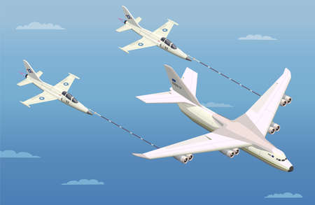 Airplanes helicopters isometric composition with three aeroplanes during mid-air in-flight refuelling and clear sky vector illustrationのイラスト素材