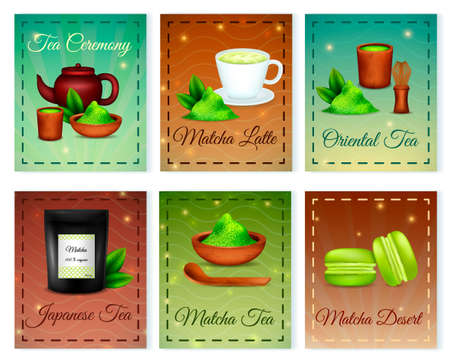 Matcha japanese tea green organic oriental powder 6 card composition with latte dessert accessories isolated vector illustrationのイラスト素材