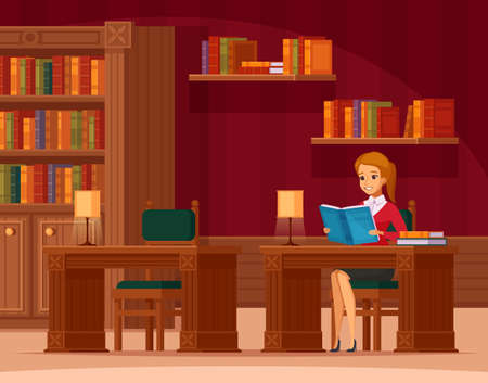 Library reading room interior flat orthogonal composition with young lady customer at table and bookshelves vector illustrationのイラスト素材