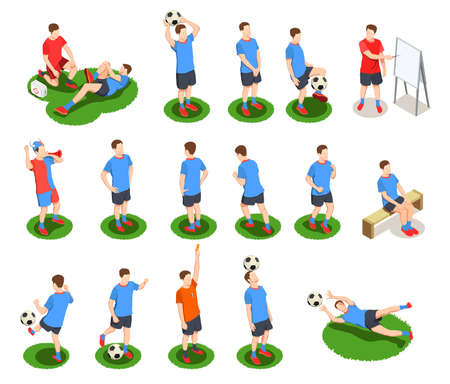 Football soccer isometric people icons collection with isolated human characters of players in uniform with ball vector illustrationのイラスト素材