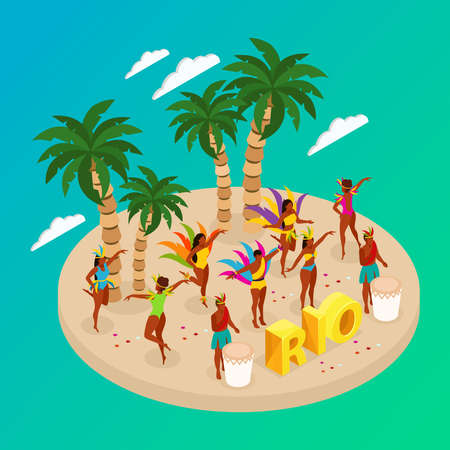 Brazilian carnival concept with dancing people and beach symbols isometric vector illustrationのイラスト素材