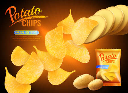 Potato chips advertising composition with realistic images of crisps natural potatoes and pack shot with text vector illustrationのイラスト素材