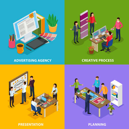 Advertising agency isometric design concept with work place of designer, creative process, presentation, planning isolated vector illustrationのイラスト素材