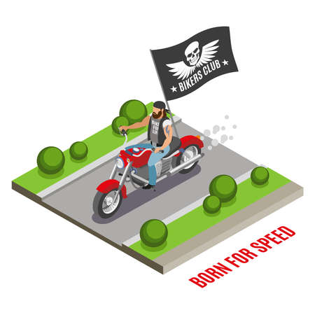 Bearded biker on red motor cycle with black flag with club emblem isometric composition vector illustrationのイラスト素材