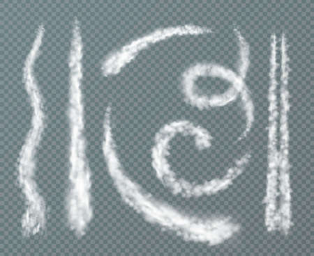 Various shapes condensation trails realistic set with spiral wavy double line  against transparent background isolated vector illustrationのイラスト素材
