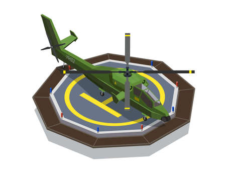 Airplanes helicopters isometric composition with images of military helicopter set on helipad touchdown site landing deck vector illustrationのイラスト素材