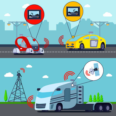 Autonomous driverless vehicles on road 2 flat horizontal banners with gps controlled truck and cars vector illustrationのイラスト素材