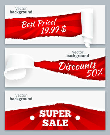 Torn paper curls revealing super sales discount prices on red background realistic horizontal banners set vector illustrationのイラスト素材