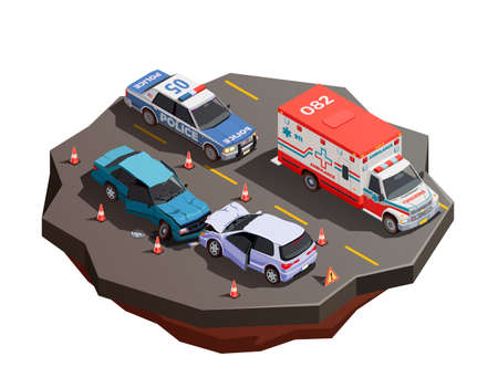 Public city transport isometric composition with two broken cars after collision with ambulance and police car vector illustrationのイラスト素材