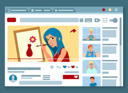 Video blogger web page design with painting master class presentation favorite blogs chat flat icons vector illustrationのイラスト素材